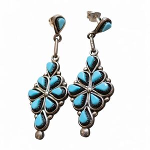 Native American 925 Silver Zuni Signed Turquoise Silver Floral Earrings